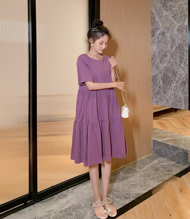 ワンピース ひざ丈 膝下 半袖 ラウンドネック 襟なし Aライン かわいい 大人可愛い シンプル カジュアル おしゃれ お洒落 無地 春 夏 秋 20代 30代 40代 レディース 女性用 ママ マタニティ ビジネス OL お出かけ 公園デビュー 女子会 休日 旅行 海 プール 普段使い 韓国