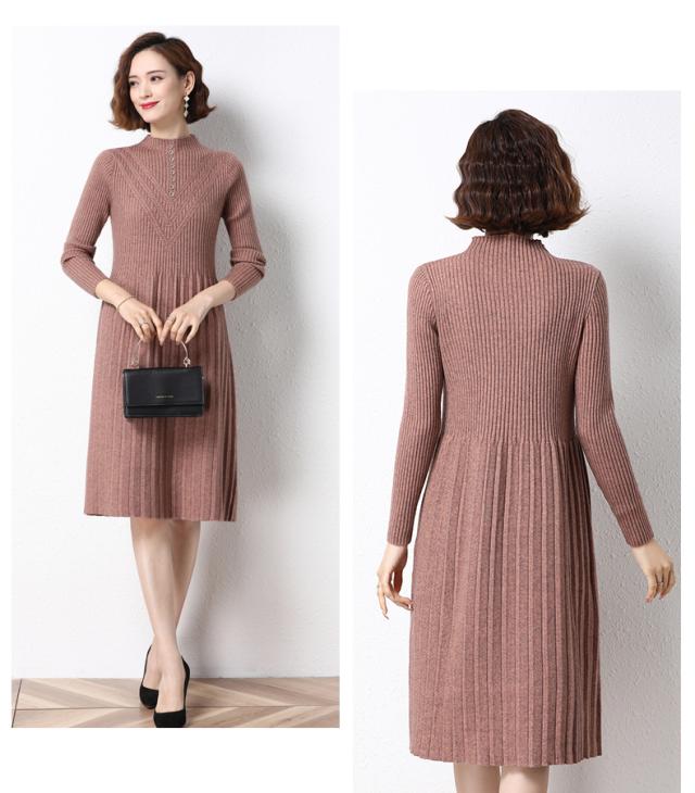 ワンピース ひざ丈 膝下 長袖 襟なし ハーフタートルネック かわいい 大人可愛い きれいめ シンプル 大人 上品 大人可愛い 大人女子 こなれ感 無地 秋 30代 40代 50代 レディース 女性用 ビジネス OL 通勤 デート お出かけ 女子会 普段使い 韓国 韓国系 オルチャン