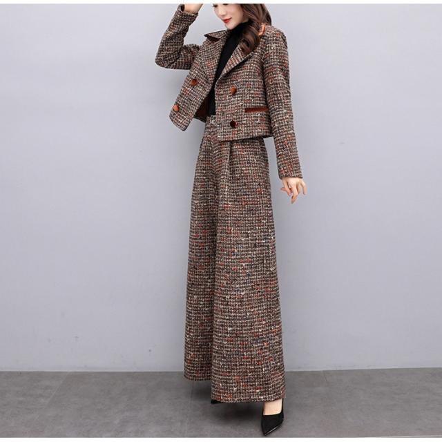 パンツスーツ セットアップ フォーマルスーツ レディース チェック柄 ジャケット ワイドパンツ ショート ショート丈 袖あり 長袖 襟付き ワイド ガウチョ 前開き ツイード 上下セット 2点セット ツーピース かわいい 大人可愛い きれいめ 大人 上品 おしゃれ 大人女子の通販は