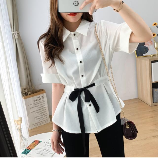 ドロスト ブラウス ペプラム トップス シャツ 袖あり 半袖 5分袖 五分袖 襟付き リボン ウエストリボン 前開き かわいい 大人可愛い きれいめ シンプル カジュアル 大人 上品 おしゃれ お洒落 大人女子 こなれ感 マニッシュ ラブリー キュート クール モード系 エレガント