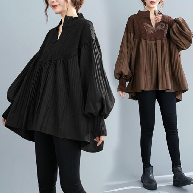 異素材ミックス ドッキング チュニック トップス カットソー プルオーバー 袖あり 長袖 ハイネック スキッパー フレア Aライン 切り替えデザイン プリーツ リブニット かわいい 大人可愛い きれいめ シンプル カジュアル 大人 上品 おしゃれ かっこいい 大人女子 こなれ感