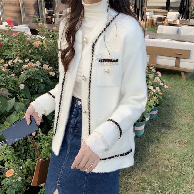 ノーカラー ツイード風 シャギー ジャケット アウター 袖あり 長袖 萌袖 Uネック クルーネック 襟なし もこもこ 前開き パイピング パール かわいい 大人可愛い きれいめ シンプル カジュアル 大人 上品 おしゃれ 大人女子 こなれ感 ラブリー キュート クール モード系