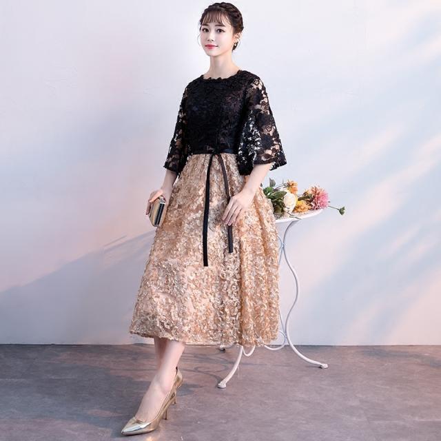 ドレス パーティードレス フォーマルドレス ワンピース ミドル丈 袖あり 七分袖 ラウンドネック 襟なし Aライン フレア レース 刺繍 透け感 かわいい 大人可愛い きれいめ 大人 上品 おしゃれ 豪華 エキゾチック エレガント 主役級 フォーマル 華やか 個性的 柄 花柄 20代 ドレス パーティードレス フォーマルドレス ワンピース ミドル丈 袖