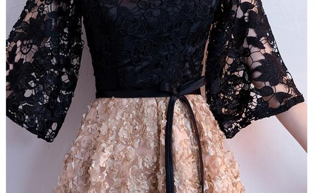 ドレス パーティードレス フォーマルドレス ワンピース ミドル丈 袖あり 七分袖 ラウンドネック 襟なし Aライン フレア レース 刺繍 透け感 かわいい 大人可愛い きれいめ 大人 上品 おしゃれ 豪華 エキゾチック エレガント 主役級 フォーマル 華やか 個性的 柄 花柄 20代 ドレス パーティードレス フォーマルドレス ワンピース ミドル丈 袖