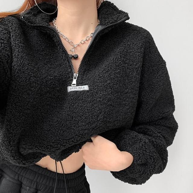 トップス ジッパートップ フリースジャケット あたたかい 上着 ハイネック セーター ショート丈 袖あり 長袖 スリーブ 襟あり ルーズフィット 裾絞り ストリート ジャージ スポーツ 前開き メンズライク かわいい 大人可愛い 部屋着 シンプル カジュアル おしゃれ レトロの通販は