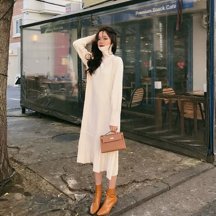 ワンピース プリーツスカート ワンピドレス ロング ロング丈 袖あり 長袖 ハイネック タートルネック 襟なし セミフレア Aライン 切り替えデザイン ドッキング ポリエステル ニット かわいい 大人可愛い シンプル 大人 上品 おしゃれ お洒落 アジアン エスニック エキゾチック