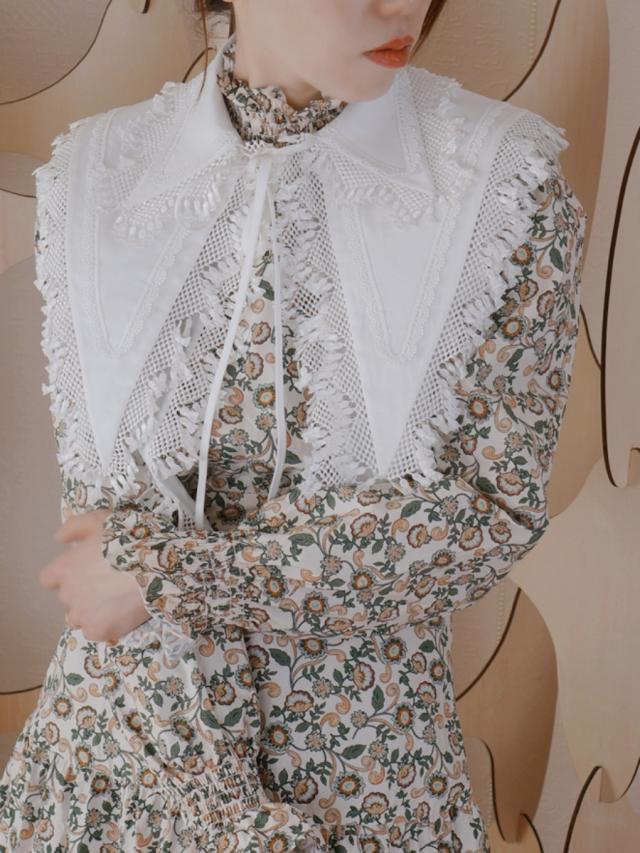 つけ襟 レース ステッチ リボン タッセル Vネック ショール