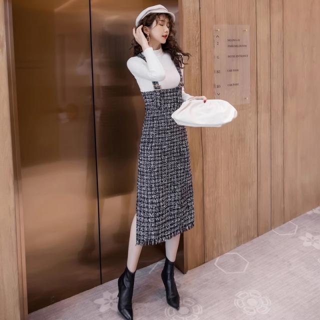 チェック ツイード ジャンスカ ワンピース ジャンパースカート 膝下 ミモレ ミモレ丈 袖なし タイト ストレート サイドスリット ツイード かわいい 大人可愛い きれいめ カジュアル 大人 上品 おしゃれ 大人女子 こなれ感 ラブリー キュート モード系 セクシー エレガント