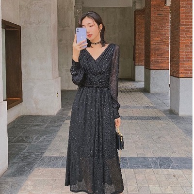 ドレス ワンピース パーティードレス フレンチドレス シフォンワンピース Vネック 膝下丈 ミモレ丈 袖あり 長袖  Aライン ベルト ハイウエスト 透け感 シースルー ポリエステル かわいい 大人可愛い きれいめ 上品 おしゃれ ラメ キラキラ ゴージャス キュート エレガント