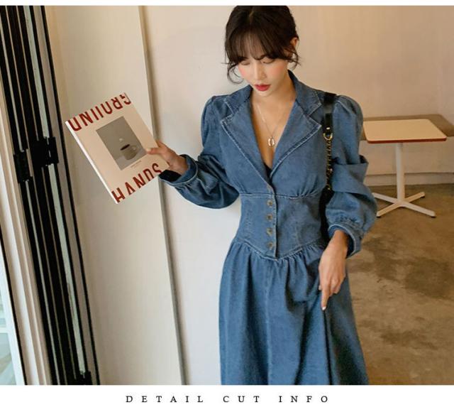 ワンピース デニムワンピース フレアワンピース ヘップバーンスタイルスカート ドレス 膝下 ロング丈 袖あり 長袖 スリーブ レギュラー袖 襟付き フレア スリムフィット 細身 ストレート Aライン 羽織り スマート ウエストマーク ハイウエスト ボタン デニム かわいい