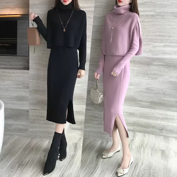 デザインベスト ニット ワンピース セットアップ ケープ タイトワンピース ロング ロング丈 袖あり 長袖 タートルネック クルーネック Iライン スリット サイドスリット リブ 編み込み 2点セット ツーピース かわいい 大人可愛い きれいめ シンプル カジュアル 大人 上品
