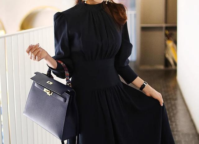 プチハイネック プリーツ 切り替え ワンピ ワンピース ロング ロング丈