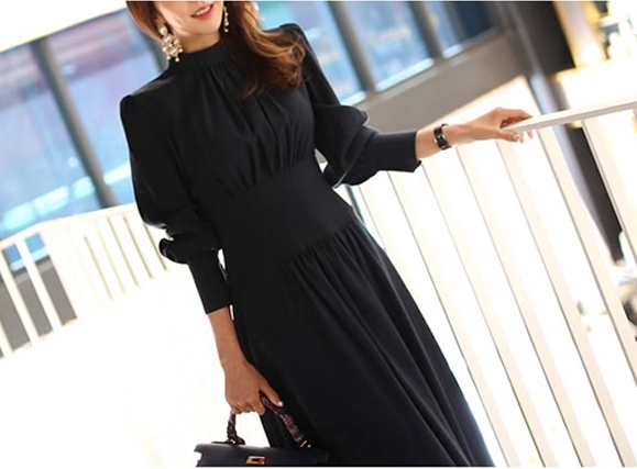 プチハイネック プリーツ 切り替え ワンピ ワンピース ロング ロング丈