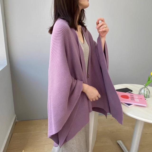 リブニット トッパー カーディガン ストール風 アウター 袖あり 長袖