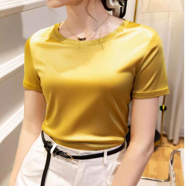 トップス Tシャツ 袖あり 半袖 ラウンドネック 光沢 きれいめ シンプル カジュアル 大人 上品 おしゃれ お洒落 レトロ 大人女子 こなれ感 クール エレガント とろみ感 抜け感 無地 春 夏 10代 20代 30代 40代 デート お出かけ 女子会 休日 着回し 普段使い 韓国 韓国系_12