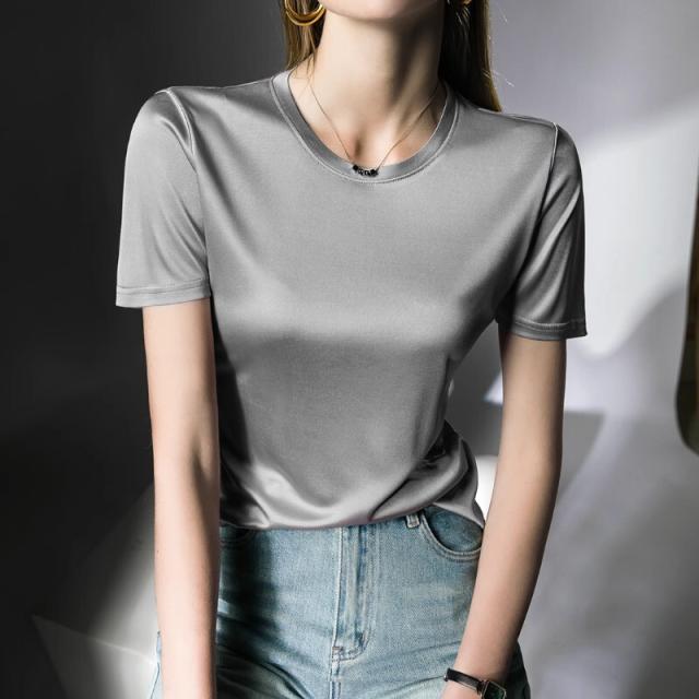 トップス Tシャツ 袖あり 半袖 ラウンドネック 光沢 きれいめ シンプル カジュアル 大人 上品 おしゃれ お洒落 レトロ 大人女子 こなれ感 クール エレガント とろみ感 抜け感 無地 春 夏 10代 20代 30代 40代 デート お出かけ 女子会 休日 着回し 普段使い 韓国 韓国系_5