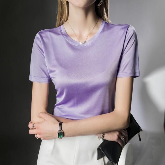 トップス Tシャツ 袖あり 半袖 ラウンドネック 光沢 きれいめ シンプル カジュアル 大人 上品 おしゃれ お洒落 レトロ 大人女子 こなれ感 クール エレガント とろみ感 抜け感 無地 春 夏 10代 20代 30代 40代 デート お出かけ 女子会 休日 着回し 普段使い 韓国 韓国系_8