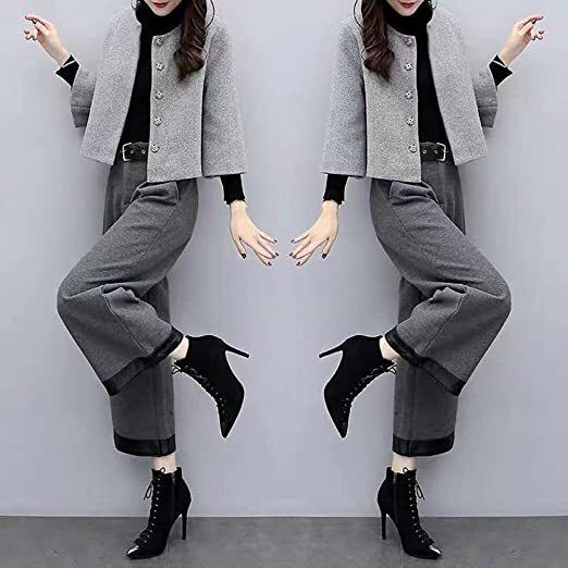 ツーピース セットアップ ウールジャケット ワイドパンツ パンツスーツ アンクル丈 袖あり 長袖 ラウンドネック 襟なし ストレート 前開き 上下セット 2点セット 大人可愛い きれいめ シンプル カジュアル 大人 上品 おしゃれ 大人女子 こなれ感 メンズライク マニッシュ