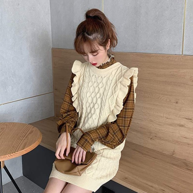 セットアップ ツーピース 2点セット ニットセーターベスト チェック柄