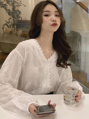 トップス シャツ ブラウス 袖あり 長袖 Vネック かわいい 大人可愛い