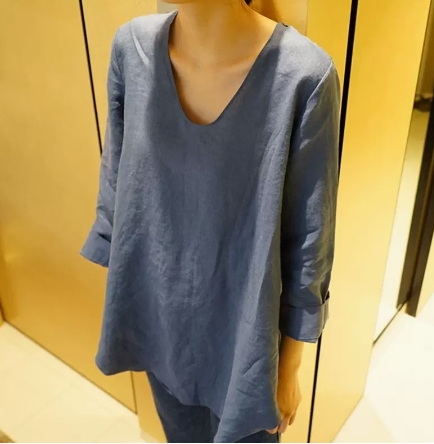 トップス シャツ ブラウス プルオーバー ミディアム丈 袖あり 9分袖 V