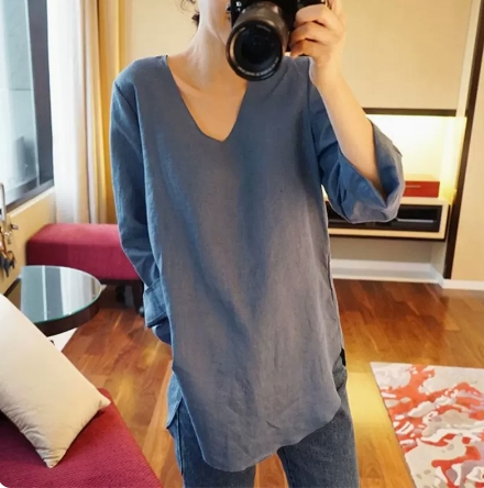 トップス シャツ ブラウス プルオーバー ミディアム丈 袖あり 9分袖 Ｖネック ドロップショルダー リネン 綿 ゆる フィット 襟なしノーカラー ストレート リゾート シンプル スマート ミディアム丈 カットソー スリット かわいい 大人可愛い きれいめ カジュアル 上品 トップス シャツ ブラウス プルオーバー ミディアム丈 袖あり 9分袖 V