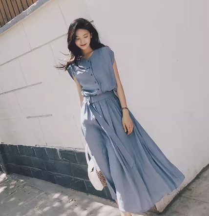 ワンピース シャツワンピース ワンピドレス 膝下 ロング ロング丈 フレンチスリーブ 襟なし フレア Aライン ウエストベルト ハイウエスト 前開き ポリエステル かわいい 大人可愛い シンプル カジュアル 大人 おしゃれ お洒落 レトロ アジアン エスニック ラフ 無地 夏 10代