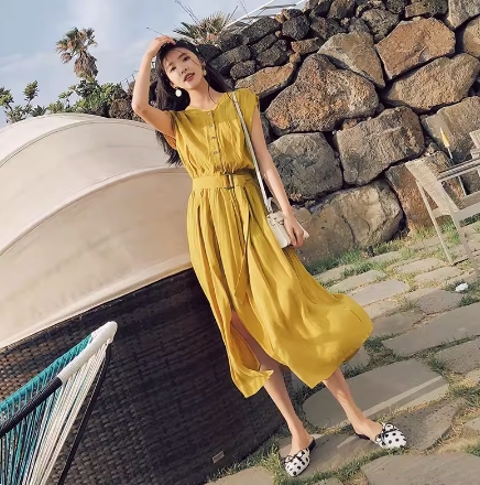 ワンピース シャツワンピース ワンピドレス 膝下 ロング ロング丈 フレンチスリーブ 襟なし フレア Aライン ウエストベルト ハイウエスト 前開き ポリエステル かわいい 大人可愛い シンプル カジュアル 大人 おしゃれ お洒落 レトロ アジアン エスニック ラフ 無地 夏 10代 ワンピース シャツワンピース ワンピドレス 膝下 ロング ロング丈