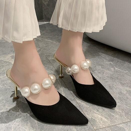 パールストラップ ポインテッドトゥ サンダル ミュール ミュール