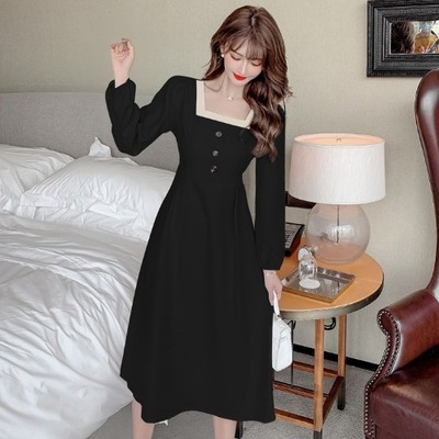 ワンピース ロングスカート フレアワンピース ワンピドレス ロング ロング丈 袖あり 長袖 飾りボタン スクエアネック フレア Aライン ウエストマーク ハイウエスト プルオーバー かわいい きれいめ シンプル カジュアル 大人 上品 おしゃれ お洒落 レトロ 大人可愛い 大人女子