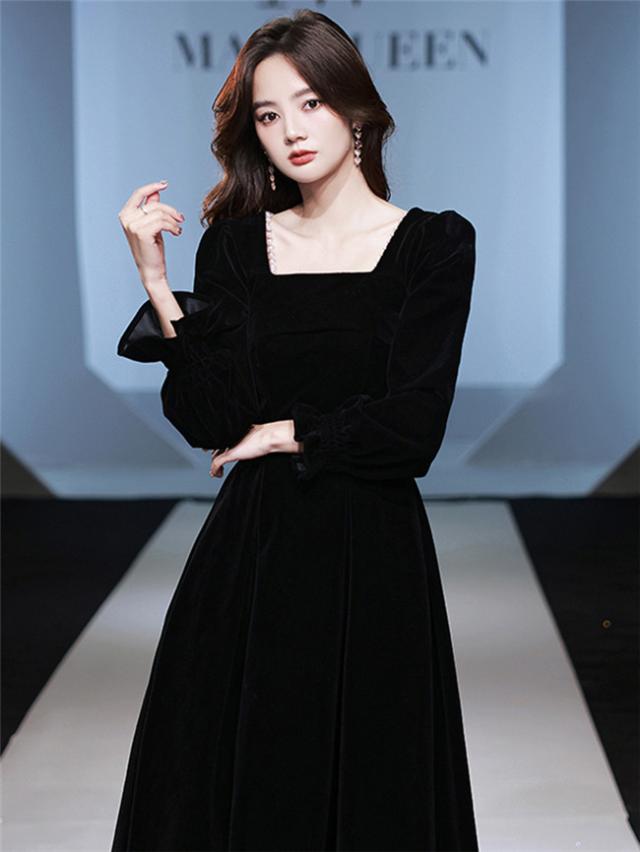 ドレス 大人 ピアノ 発表会 スクエアネック 長袖 ベルベット