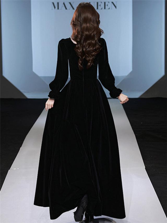 ドレス 大人 ピアノ 発表会 スクエアネック 長袖 ベルベット