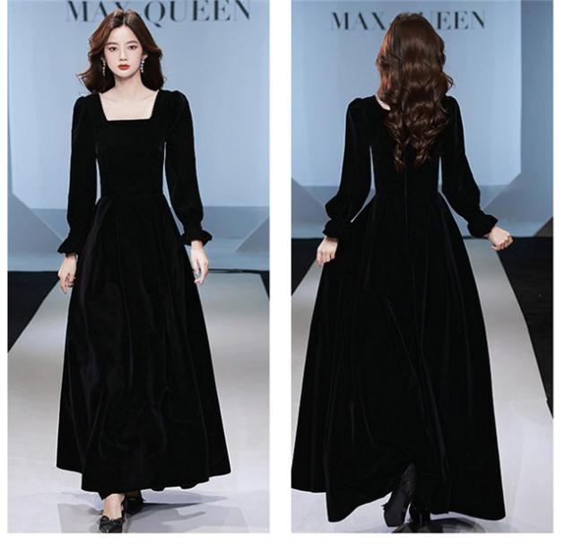 ドレス 大人 ピアノ 発表会 スクエアネック 長袖 ベルベット