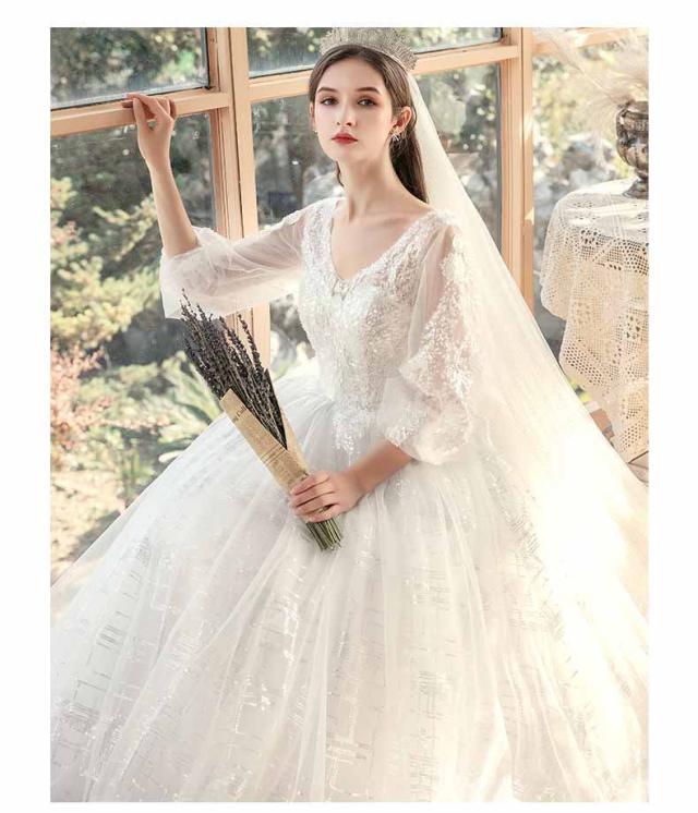 ウェディングドレス 花嫁 大きいサイズ 袖あり バルーン袖 体型カバー