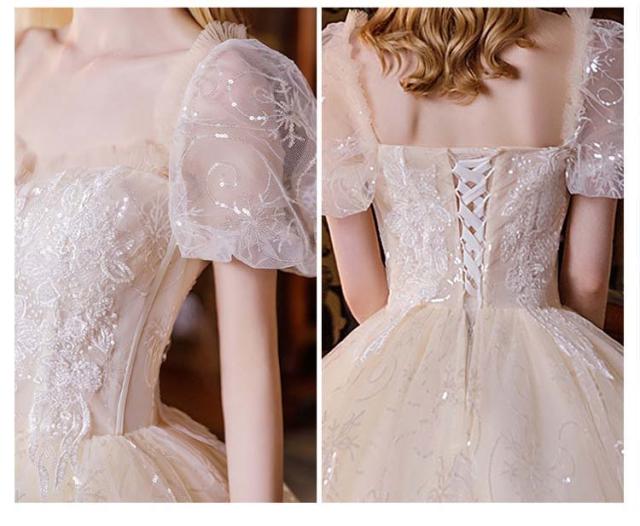 花嫁 ウェディングドレス ライトシャンパン 大きいサイズ 袖あり