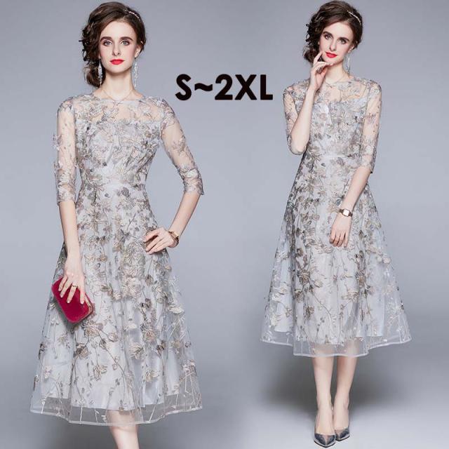 【レビュー投稿で+5%還元】パーティードレス 結婚式 ワンピース 五分袖 20代 30代 40代 花柄刺繍 ウェディングドレス ウエディング ドレス 二次会 花嫁 ブライズメイド ミモレ丈 入学式 演奏会用 お呼ばれ エンパイア 大きいサイズ S/M/L/XL/2XL ad128c0
