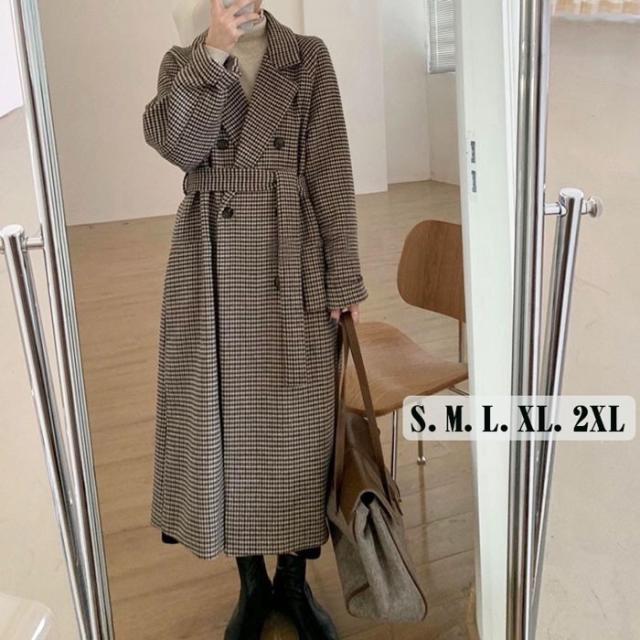 チェスターコート チェック柄 レディース 千鳥格子 ロングコート コクーンコート ドロップショルダー 茶 超ロング 大人可愛い 体型カバー 韓国  S M L 2L 3l アウター 秋 冬 冬服 オーバーサイズ カジュアル あったか 暖かい きれいめ