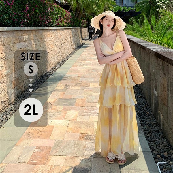 リゾートワンピース レディース サマードレス ワンピース 夏ワンピ ロング ファッション 春夏 カジュアル 体型カバー ゆったり きれいめ ハワイ 沖縄 旅行用 大人 20代 30代 40代 可愛い イエローの通販は