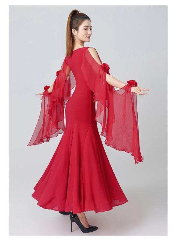 社交ダンスドレス 社交ダンス モダンドレス 黒 赤 大きいサイズ 長袖