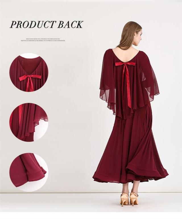 社交ダンス ドレス ロングドレス フリル モダンドレス リボン ワイン