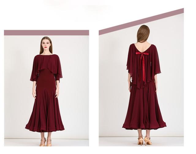 社交ダンス ドレス ロングドレス フリル モダンドレス リボン ワイン