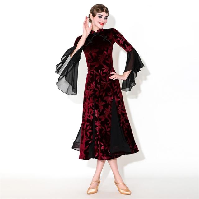 社交ダンス ドレス チャイナ風 モダンドレス ワインレッド ネイビー 紺