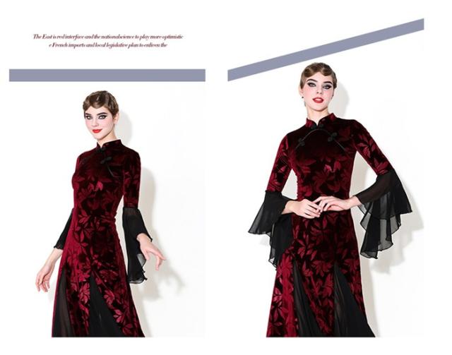 社交ダンス ドレス チャイナ風 モダンドレス ワインレッド ネイビー 紺 花柄 社交ダンス衣装 長袖 ワルツ レディース ハイネック フリル 民族ダンス ワンピース ダンス衣装 ステージ衣装 イベント パーティー 発表会 競技用 コンクール 練習着 レッスン 舞台用 演奏会 社交ダンス ドレス チャイナ風 モダンドレス ワインレッド ネイビー 紺