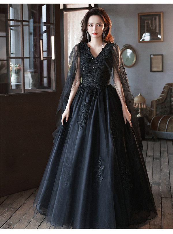 ロングドレス Vネック 演奏会 ピアノ 発表会 ビッグカラー ファスナー