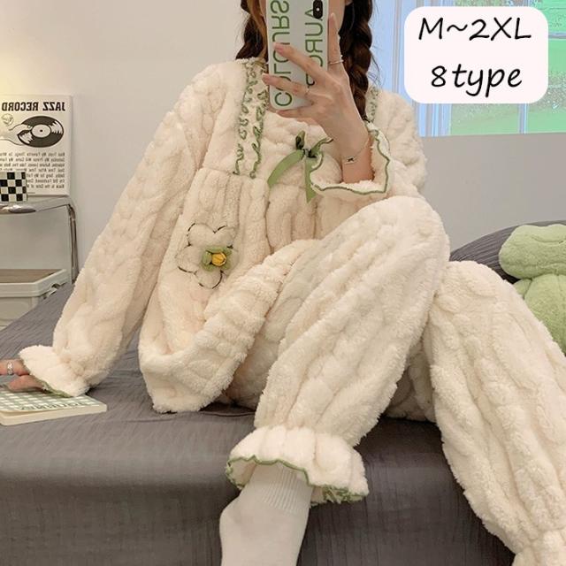 パジャマ レディース 全8タイプ もこもこ 上下セット イチゴ柄 ナイトウェア 長袖 女性用 かわいい ルームウェア 大きいサイズ 部屋着 暖かい プリンセス風 ゆったり ふんわり 秋 冬 プレゼント ギフト グリーン ベージュ