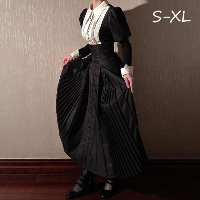 ロリータ コスチューム ハロウィン ブラウス スカート 上下セット セットアップ レトロ風 リボン レディース ゴスロリ 暗黒風  長袖 フリル コスプレ 衣装 洋服 可愛い セクシー 日常 仮装 パーティ イベント ステージ 文化祭 学園祭 春夏秋用 ブラックS M L XL dh033lclcm6