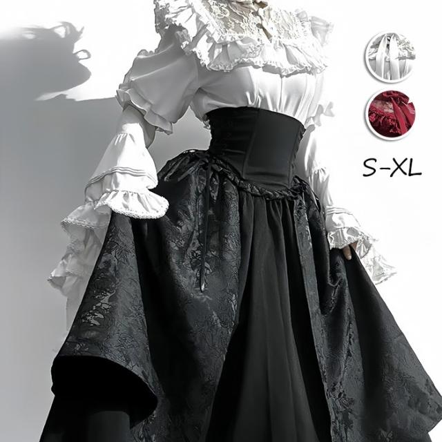 ロリータ コスチューム ハロウィン ブラウス スカート 上下セット レトロ風 リボン レディース ゴスロリ 暗黒風 長袖 フリル コスプレ 衣装 洋服 可愛い セクシー 日常 仮装 パーティ イベント ステージ 文化祭 学園祭 春夏秋用 ブラック ホワイト ワインレッド S M L XL