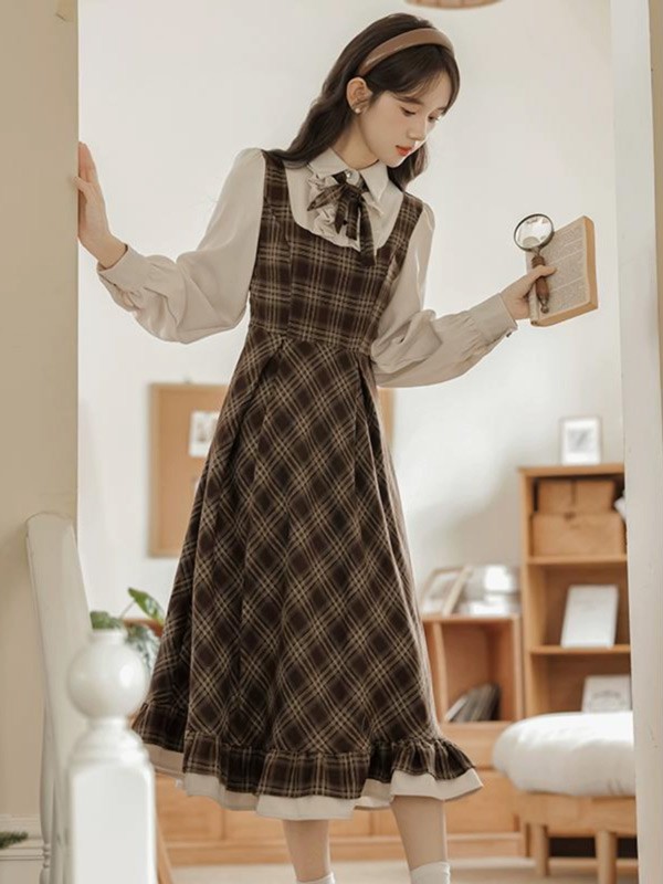 長袖 レディース チェック柄 ロングワンピース レトロ 昭和レトロ