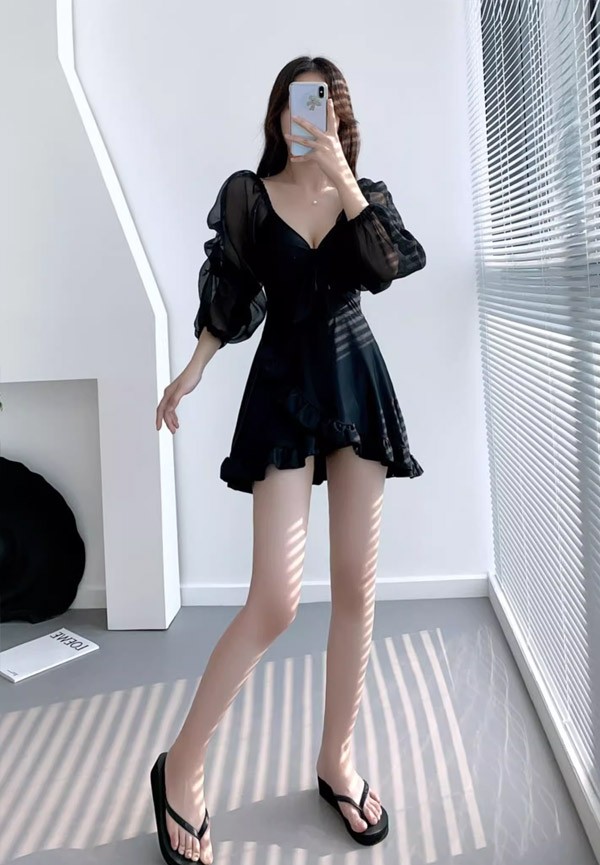 ワンピース水着 水着 2点セット リボン付き パフスリーブ 七分袖 ワイヤーなし パッド付 レディース 着?せ シンプル セクシー 写真映え 撮影用 海 夏 サマー プール リゾート かわいい 旅行 温泉 大人 女性用 ジュニア 学生 女の子 ホワイト ワンピース水着 水着 2点セット リボン付き パフスリーブ 七分袖