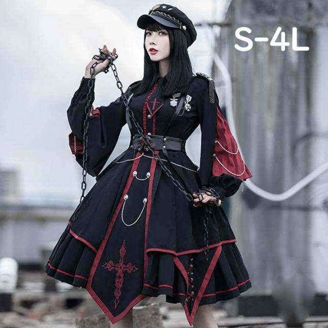 ミニロリ 軍服ロリータ フルセット  ミリタリーロリィタ ブラック 黒 膝丈 レディース ロリータアウター 着?せ 女の子 長袖あり ゴスロリ 柔らかい 軽い着心地